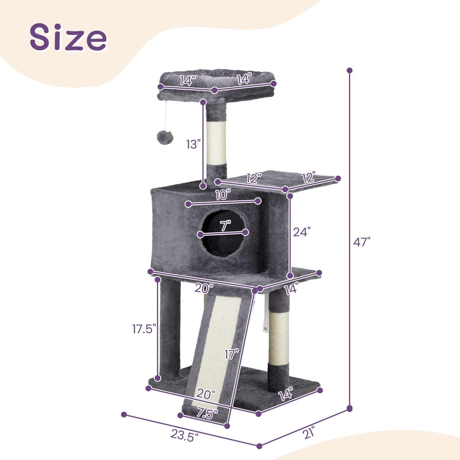 Dark Grey Cat Tree – 47" Trapezoid Climber & House