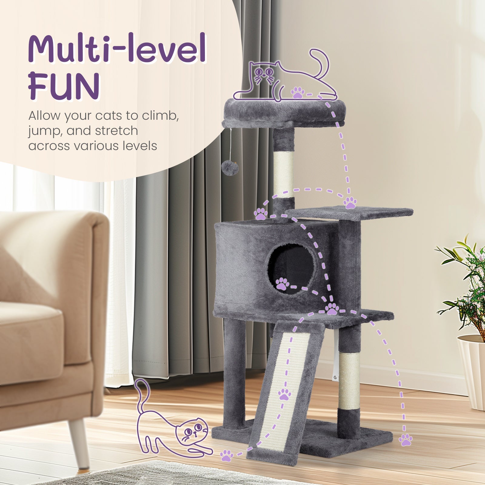 Dark Grey Cat Tree – 47" Trapezoid Climber & House