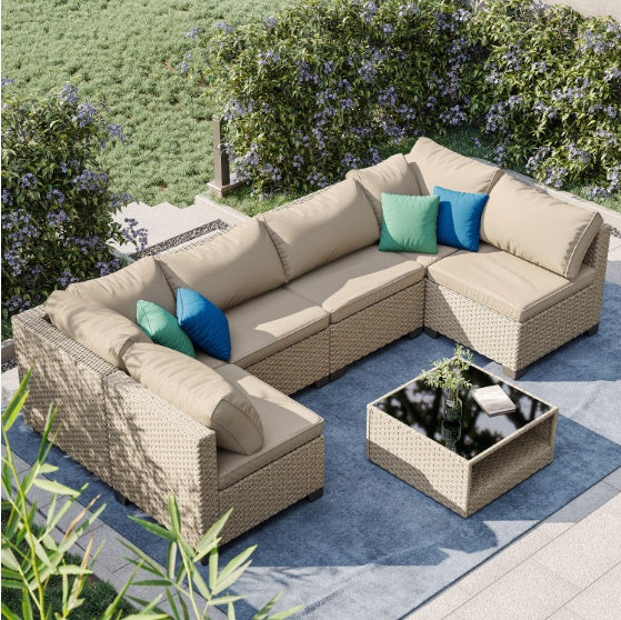 7-Piece Patio Furniture Set – Modular Sofa, Cushions & Storage Table